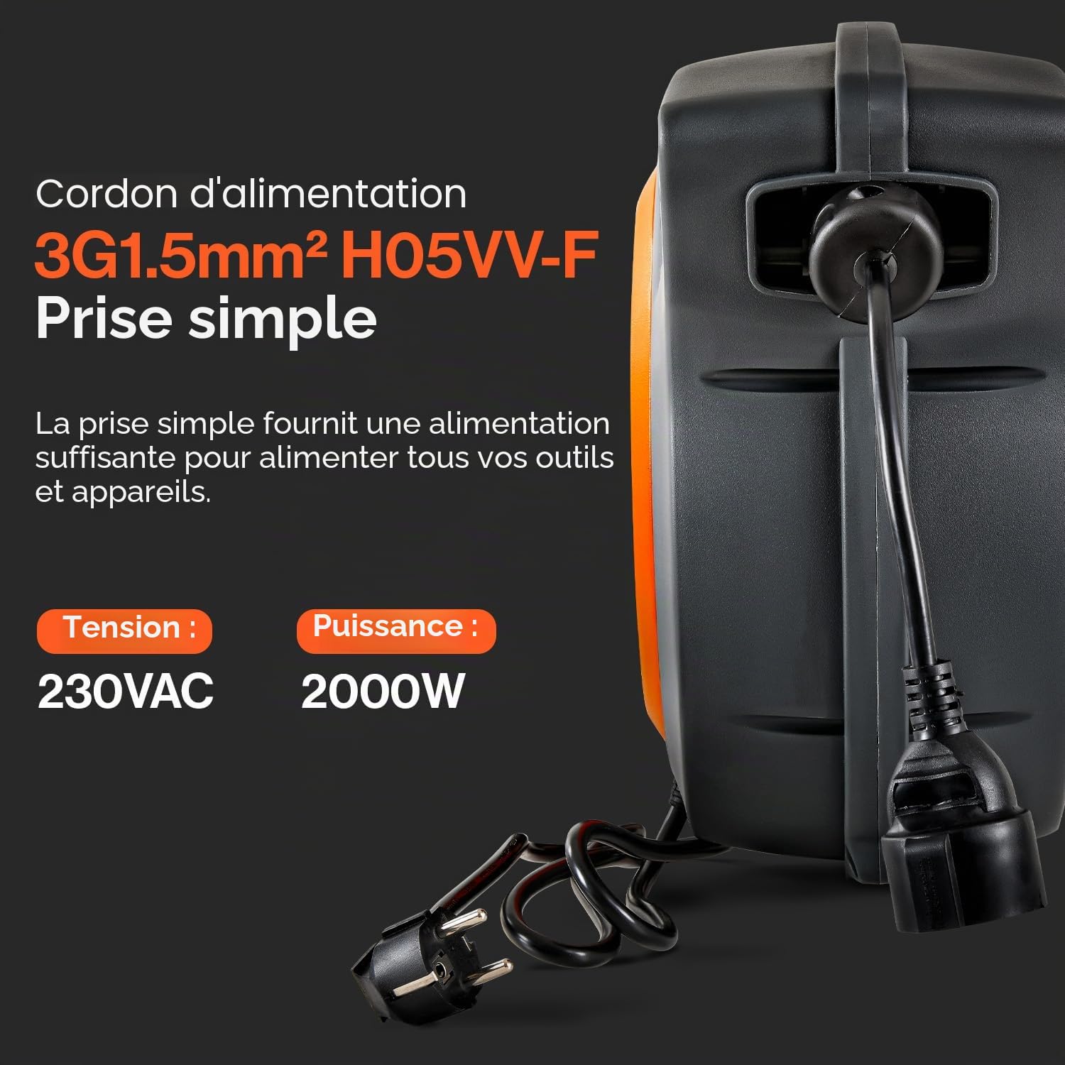 SuperHandy Enrouleur de câble automatique, 15 m, 3G1,5 mm² H05VV-F,2000 W | Câble ultra-flexible de qualité industrielle; boîtier robuste en polypropylène, conçu pour un usage commercial intensif