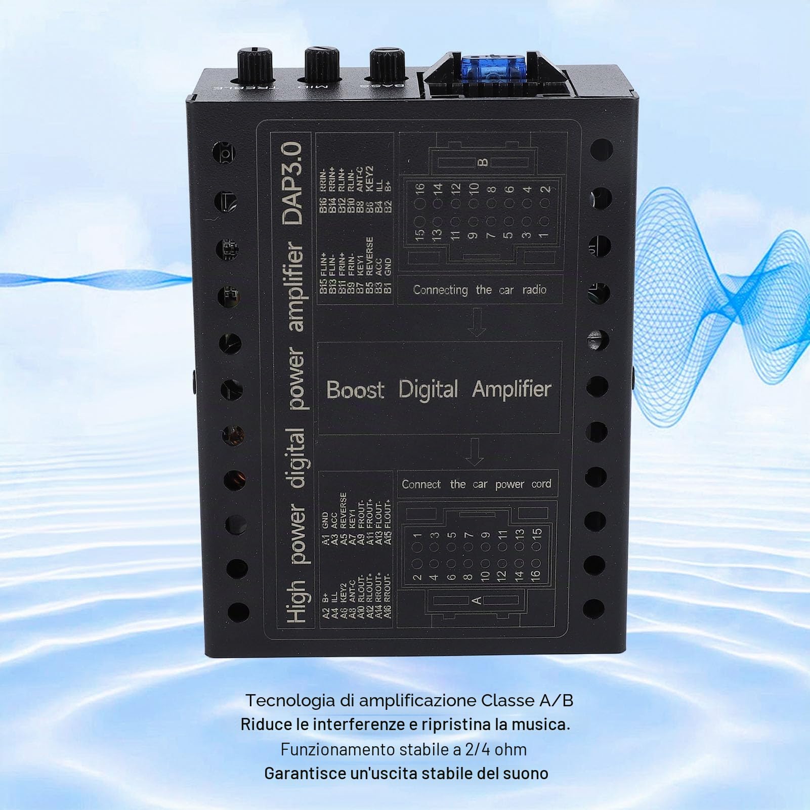 Amplificatore DSP per auto classe AB, DC12V Auto Amplificatore di per sistemi audio, compatibile con 2/4 Ohm, Processore audio digitale superiore, nero accessori per rimorchi
