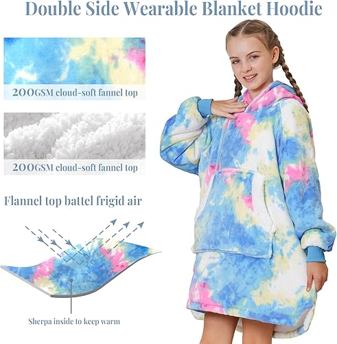 Miniatura 3 de Topblan Manta con capucha para niños, niñas, niños y adolescentes, manta de franela y sherpa de gran tamaño con bolsillo y mangas en la capucha,