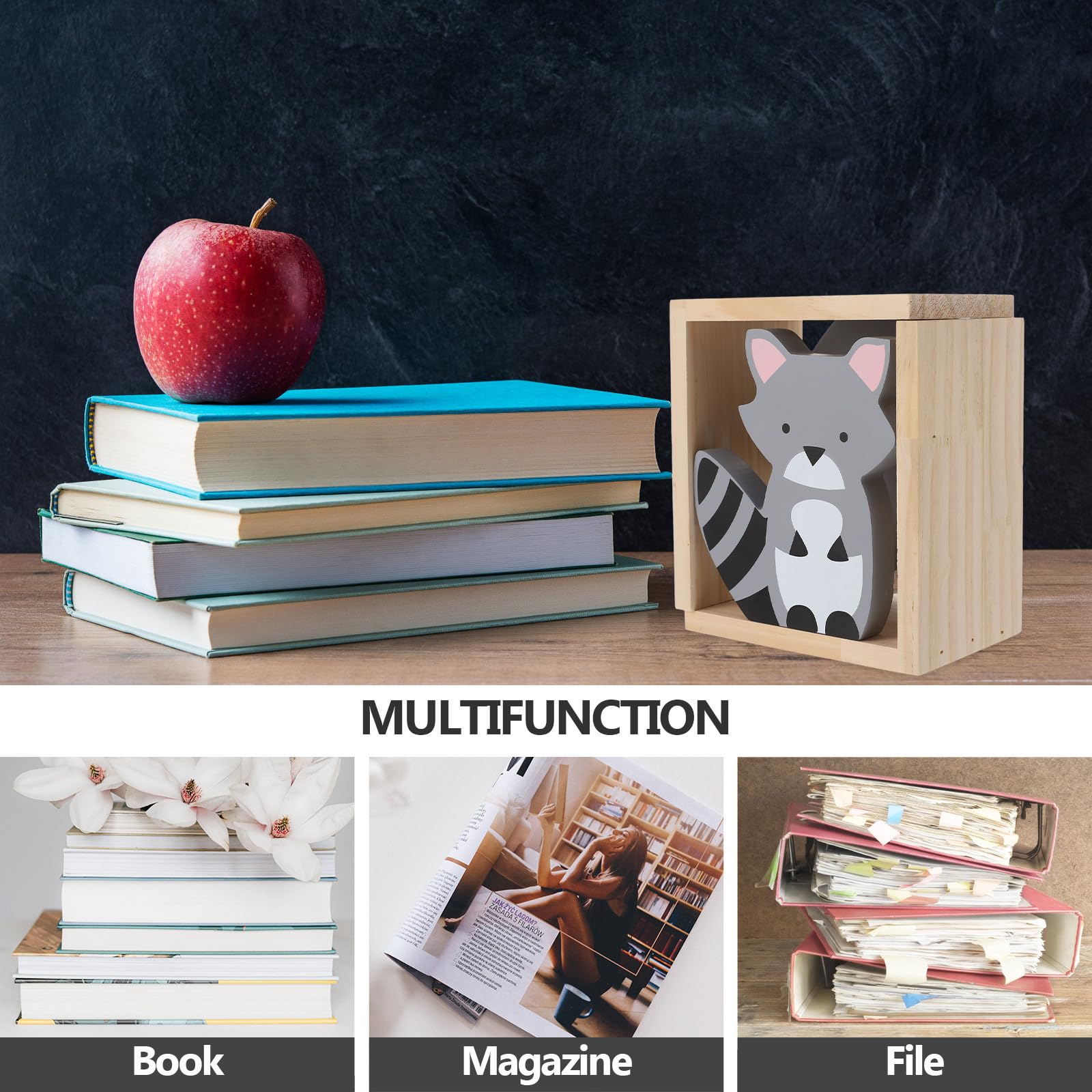 Sujetalibros de Mapache de Madera, Par Creativo para Escritorio y Libros