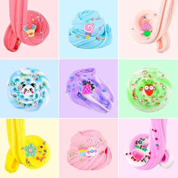 10 Pack Fluffy Cloud Slime Kit with Blue Cake Fruits Animals, and Pink Games Charms, Scented DIY Butter Slime Supplies for Girls and Boys, Stress Relief Toy for Kids, Education Birthday Party Favor