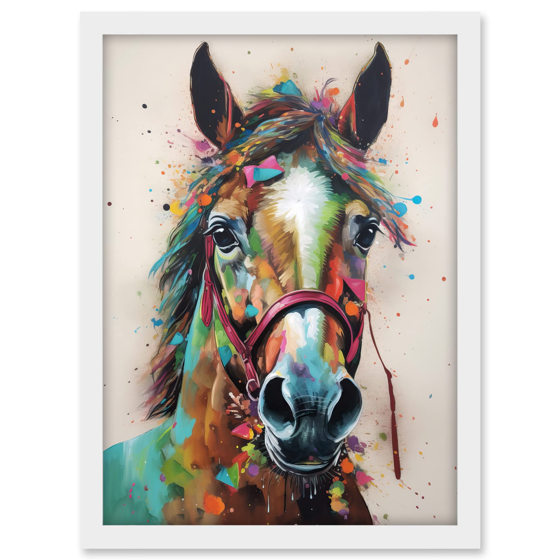Artery8 Horse Multicoloured Spray Paint and Oil Painting Artwork Framed A3 Wall Art Print