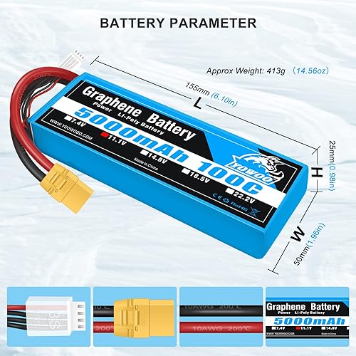 Miniatura 2 de YOWOO 3S Batería de grafeno 5000 mAh 100 C 11,1 V Graphene Lipo baterías con conector XT90 para helicóptero RC Avión coche Drone Barco Camión