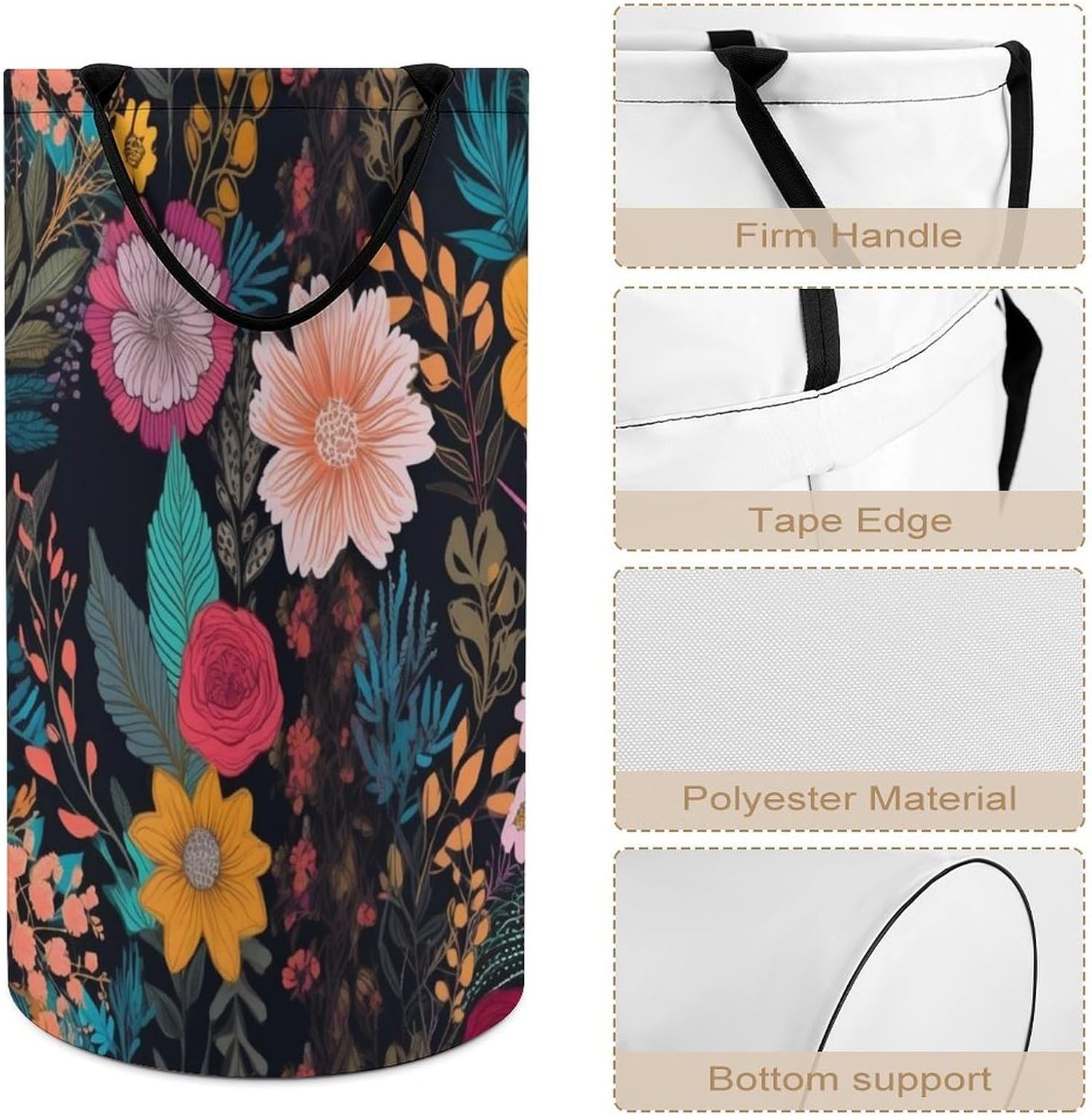 Large Laundry Hamper with Handles Colorful Boho Floral Laundry Basket Freestanding Waterproof Clothes Hamper for Living Room Bedroom Bathroom College Dorm