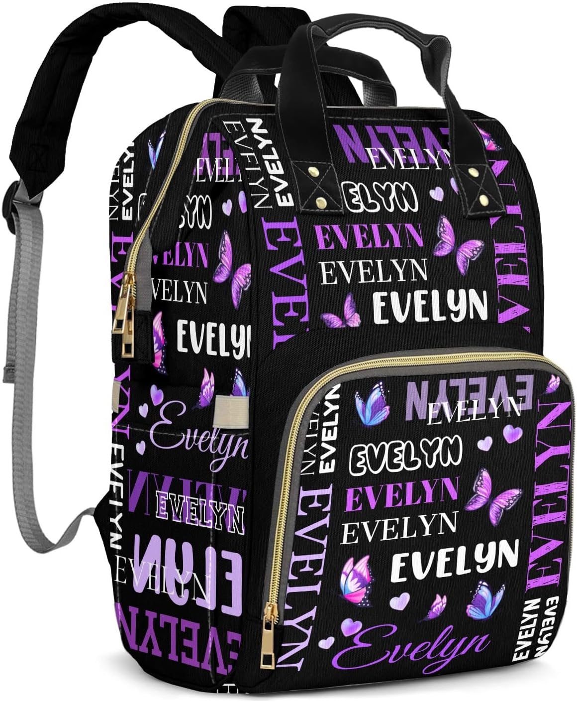 Customizable Large Capacity Diaper Bag Personalized Name, Waterproof Multi-Function Mommy Bag with Thermal Pockets for Girls and Boys，Purple Butterfly