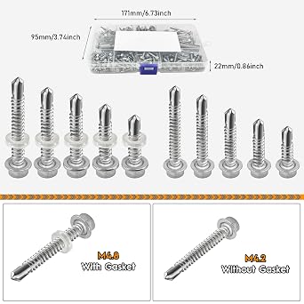 147pcs M4.2 M4.8 Stainless Steel Self Tapping Hex Head Screws Full Thread Metal Roofing Drill Bolts Hexagonal Dovetail Self Drilling Tail Screws with Nut Setter, Washers