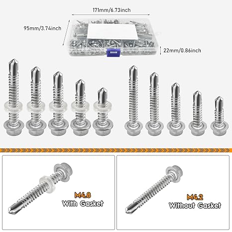 147pcs M4.2 M4.8 Stainless Steel Self Tapping Hex Head Screws Full Thread Metal Roofing Drill Bolts Hexagonal Dovetail Self Drilling Tail Screws with Nut Setter, Washers