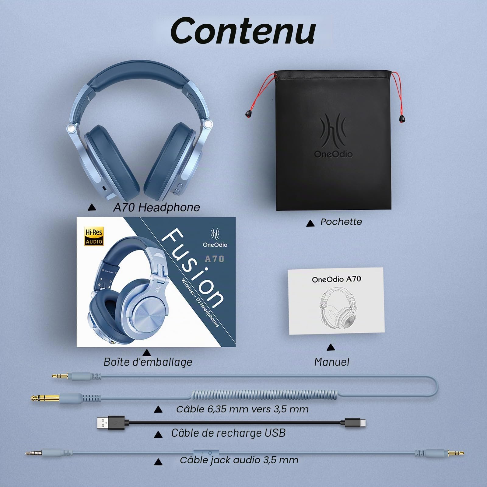 OneOdio A70 Casque Audio Bluetooth Sans Fil 72H, Casque Diadème Fermé avec Port Partagé, Écouteurs avec Câble de 3,5 mm pour DJ, Piano, Guitare, Enregistrement et Surveillance AMP, Bleu Ciel