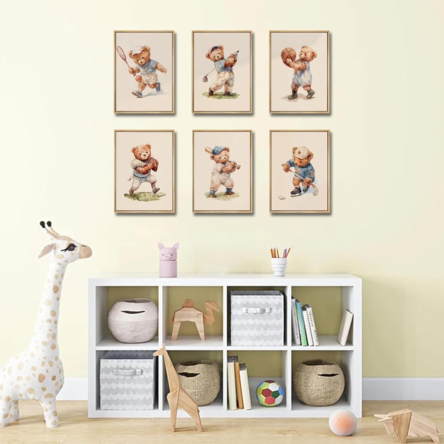 6Pcs Teddy Bear Sports Wall Art Vintage Cute Animal Wall Decor Pictures Basketball Rugby Baseball Kids Room Posters Prints for Children Bedroom Nursery Boy-Room Decoration Unframed