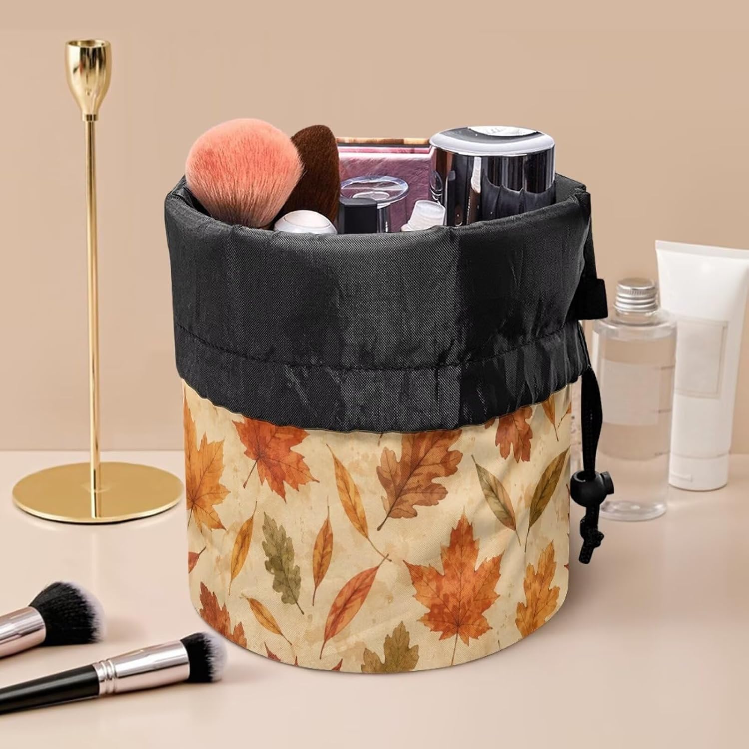 Poceacles Makeup Bag for Women, Fall Theme Portable Storage Pouch Drawstring Cosmetic Bags Barrel Toiletry Case Organizer Travel Accessories, Autumn Maple Leaf Beige image 5