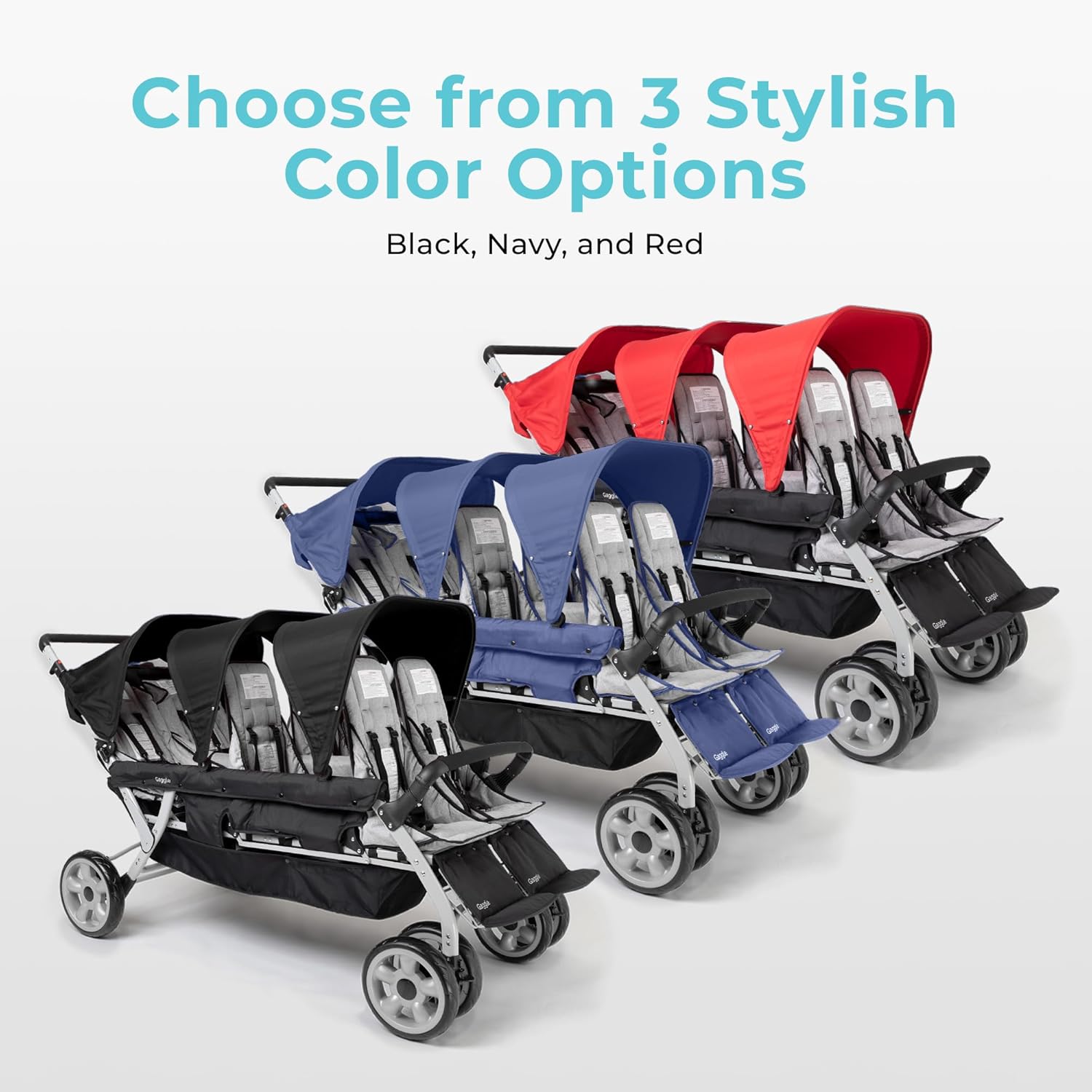 Gaggle by Foundations Jamboree 6 Seat Multi-Child Stroller with Sun Blocking Canopies | Reclining Seats | 5-Point Safety Harness | Compact Fold for Daycares, Parks & Travel | Navy