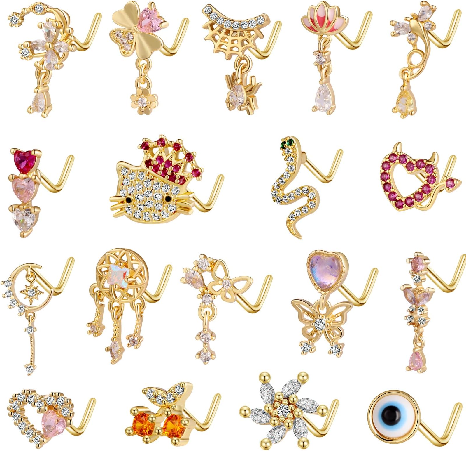 18Pcs Nose Rings - L Shape, Butterfly & Heart Designs - Gold Nose Studs for Women