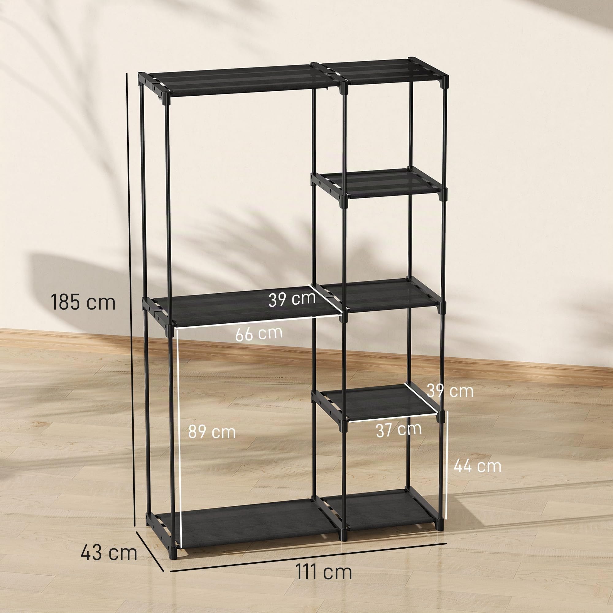 HOMCOM Armadio Guardaroba con 2 Aste e 6 Ripiani, Guardaroba in Tessuto non Tessuto, Plastica e Acciaio, 111x43x185 cm, Nero