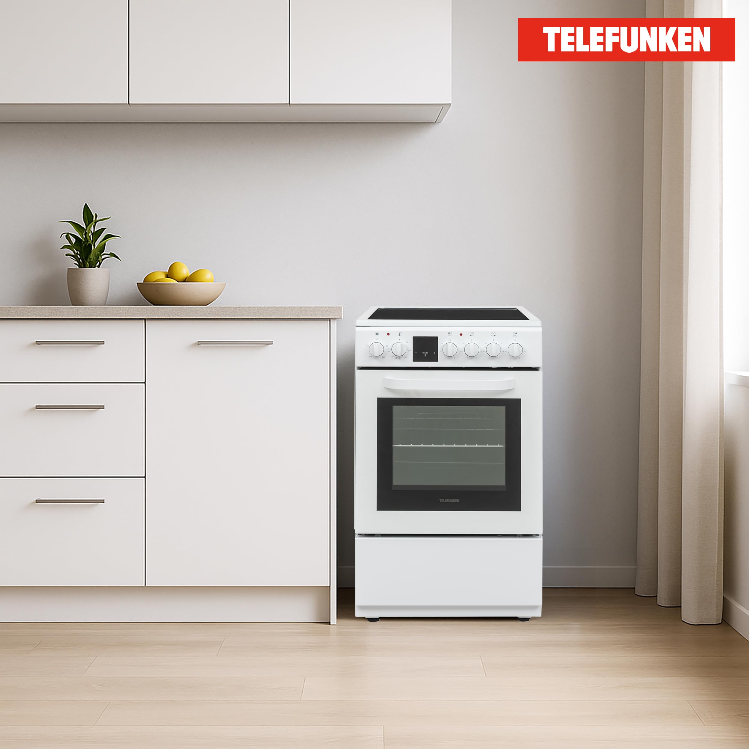 Telefunken Standherd mit Glaskeramik-Kochfeld | Elektroherd freistehend 50 cm breit | Herd mit Backofen und Kochfeld | 55 Liter | 5 Betriebsarten | 4 Kochzonen | LED-Display | EEK A | Weiß | BSHC55AI