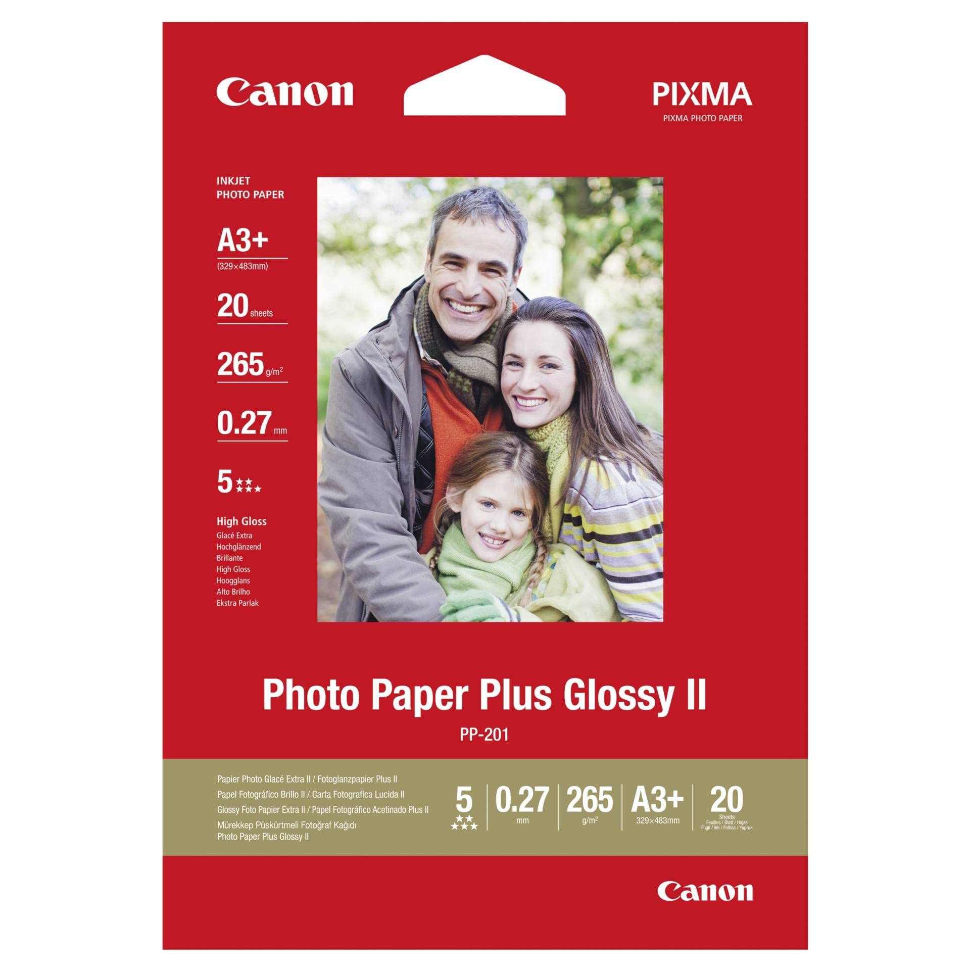 Canon PP-201 Glossy II - Carta fotografica Plus lucida A3+ 329 x 423 mm, 260 g/m², 20 fogli