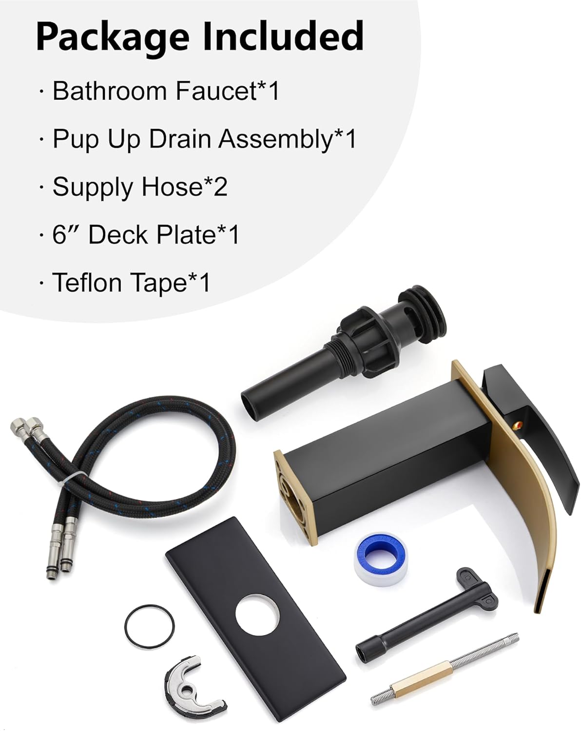 Midanya Bathroom Faucet with Waterfall Spout, Single Hole or 3-Hole Deck Mount, 304 Stainless Steel Sink Faucet with Pop-Up Drain, RV Vanity Compatible,Brushed Gold Spout/Matte Black - Image 9