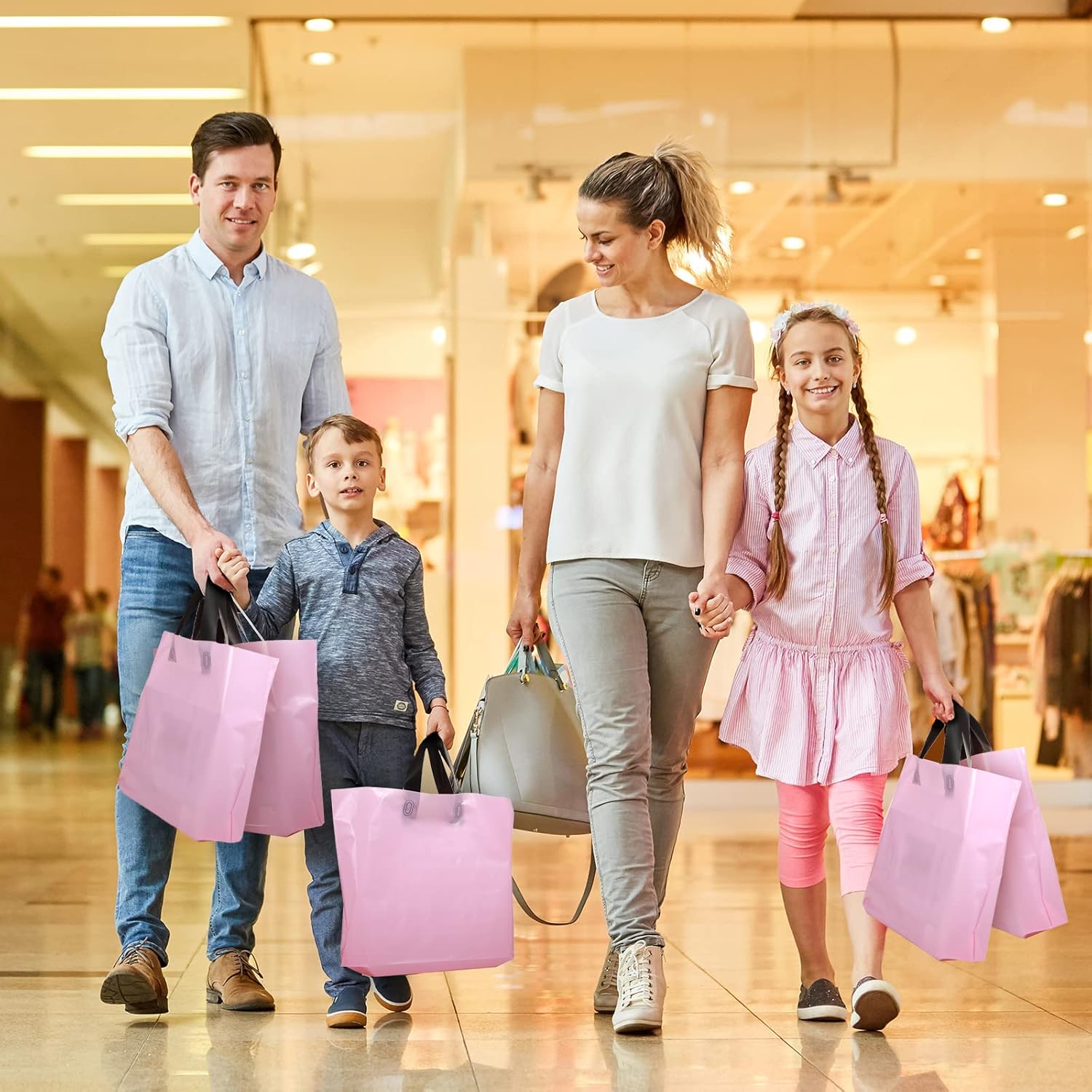 Geyee 100 Pack 16 x 12 Inch Valentines Pink Plastic Shopping Bags for Small Business Boutique Merchandise, Pink Retail Shopping Bags Bulk with Handles for Gift Wrapping, Party Favors, Birthday - Image 2