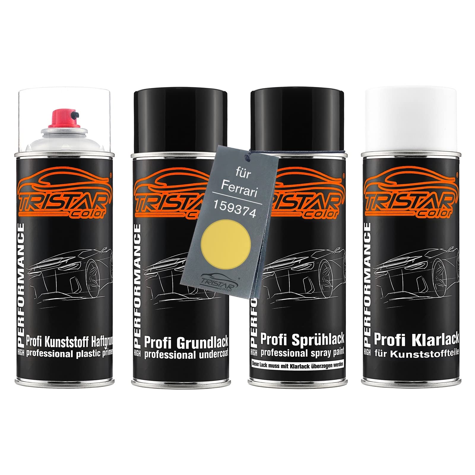 TRISTARcolor Zestaw w sprayu Lakier samochodowy do tworzywa sztucznego dla Ferrari 159374 Giallo Sole Perl podkladu przyczepnego lakieru bazowego lakieru bezbarwnego z miekkim dodatkiem