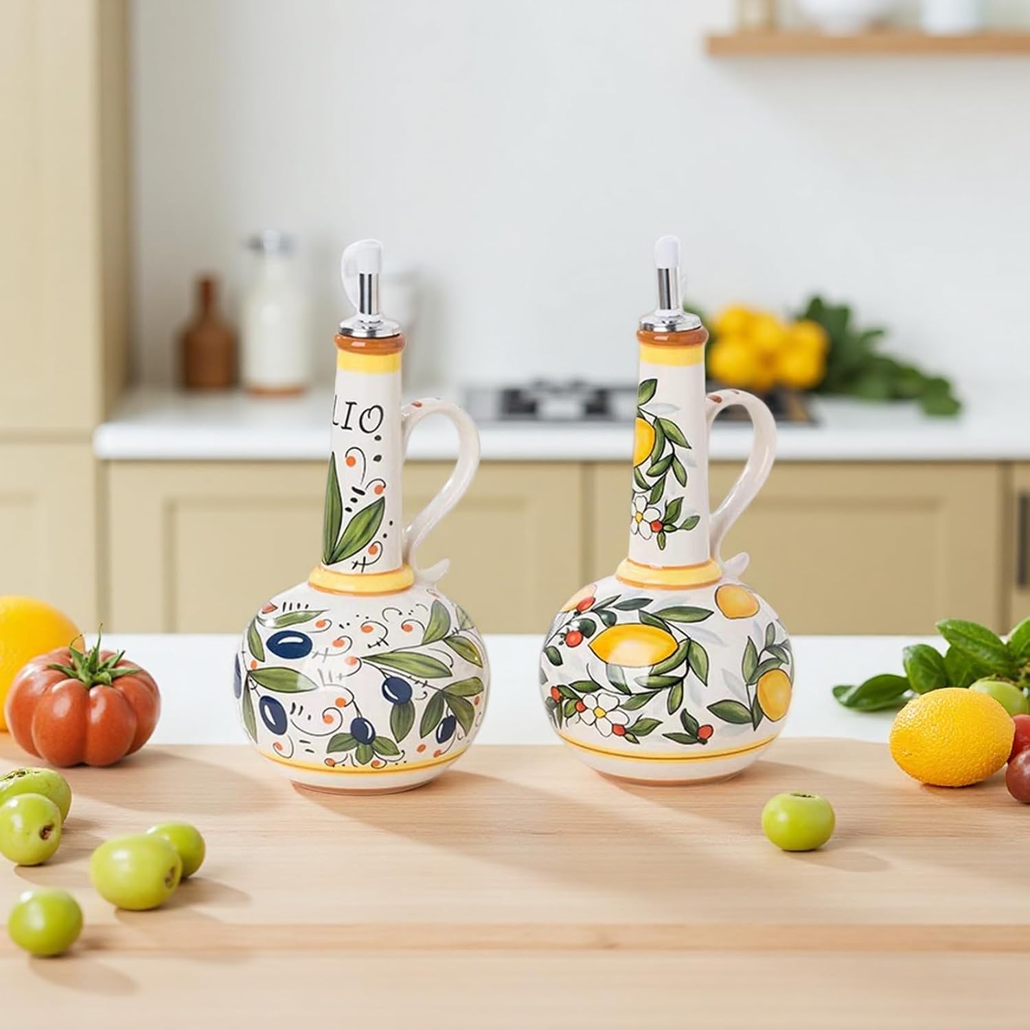 Ceramic Olive Oil Dispenser Bottle 18oz – Drip-Free Stainless Steel Spout & Light-Blocking Stoneware Cruet, Hand Painted Kitchen Oil Container for Oils, Sauces, Vinegar (Lemon) image 3