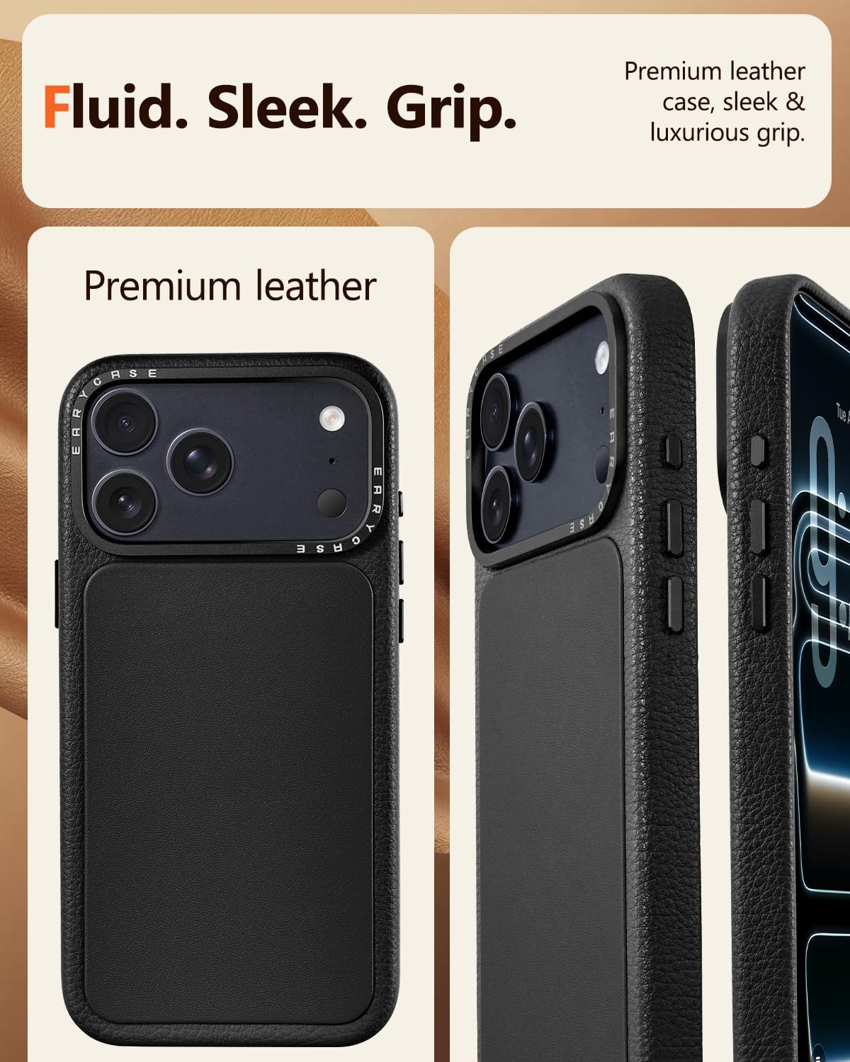OATSBASF Genuine Leather Case for iPhone 17 Pro, Camera Control Button, Compatible with MagSafe, Metal Camera Bezel, Slim Fit, Shockproof Protective Phone Cover 6.3", Black