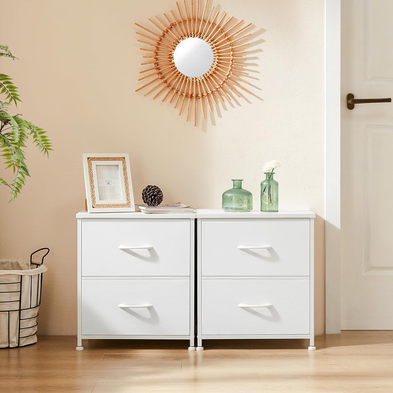 White Nightstands Set of 2 with Two Drawer Side Tables Living Room 2 Drawer Dresser Bedroom End Bedside Table Cabinet with Storage Night Stand, Wooden Top Metal Frame Handle, 20'' Tall