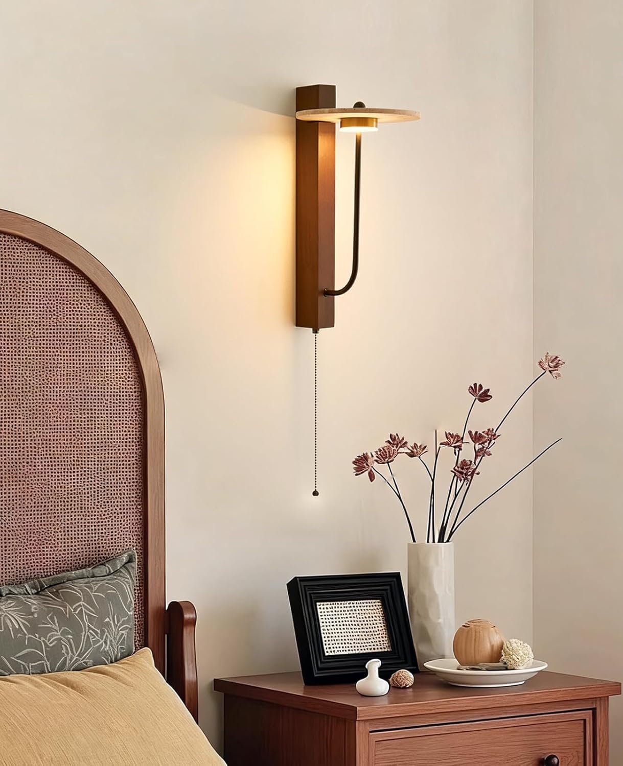 Yellow Travertine Wall Sconce, 15.7" Japanese Vintage Wabi Sabi Light Fixture with Natural Stone Lampshade Pull Cord Switch Wood Base, Art Deco Wall Sconces for Bedside Bedroom Kitchen Island