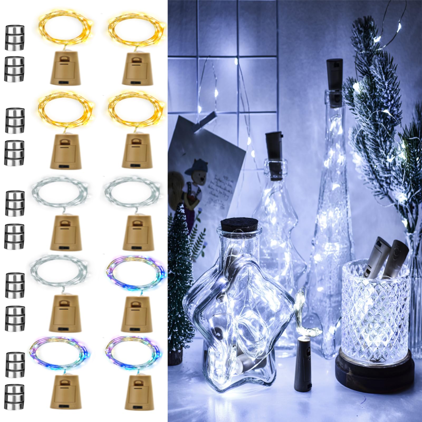 Wine Bottle Lights with Cork 10 Pack, 2m 20 LED Mini Cork Light for Wine Bottles, Copper Wire Battery Operated Wine Bottles Fairy Light for Christmas Table Party Wedding Jar Xmas Decor(3 Colour)
