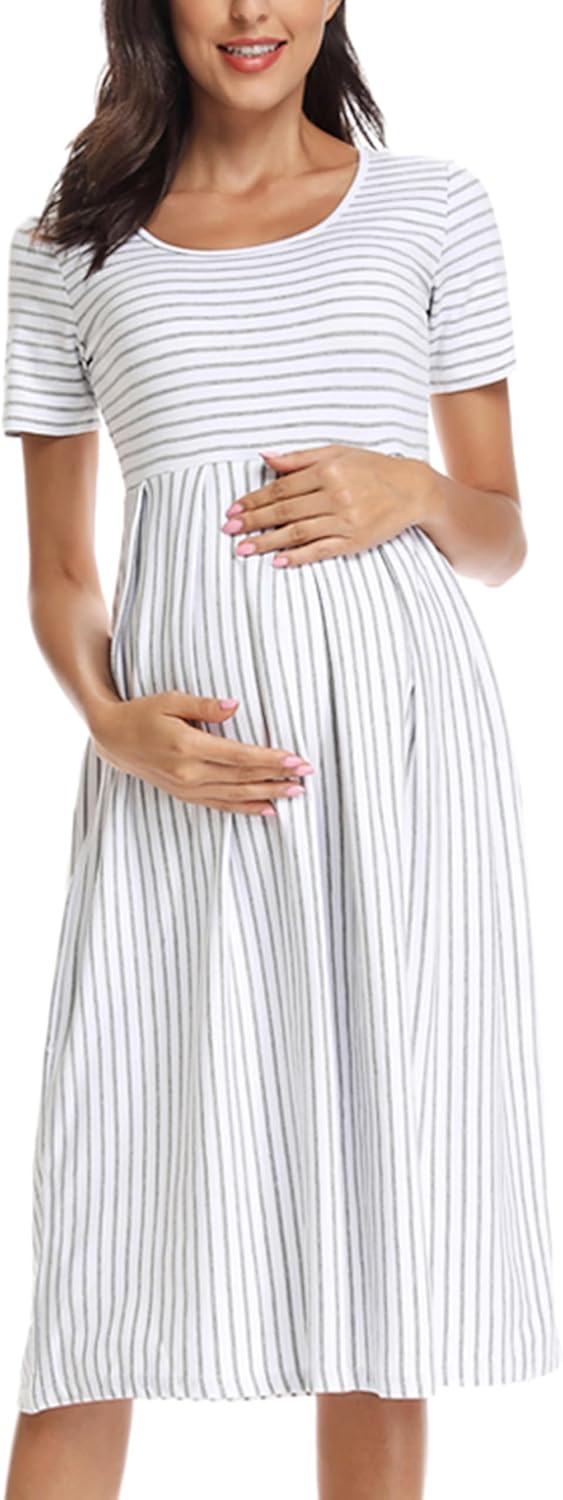 BBHoping Women’s Casual Striped Maternity Dress Short Knee Length Pregnancy Clothes for Baby Shower - Image 6
