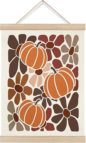 ZOFGUO Arte de pared de calabaza de otoño, Groovy 70, marco para colgar pósteres de calabaza, estilo retro bohemio y floral, decoración de pared
