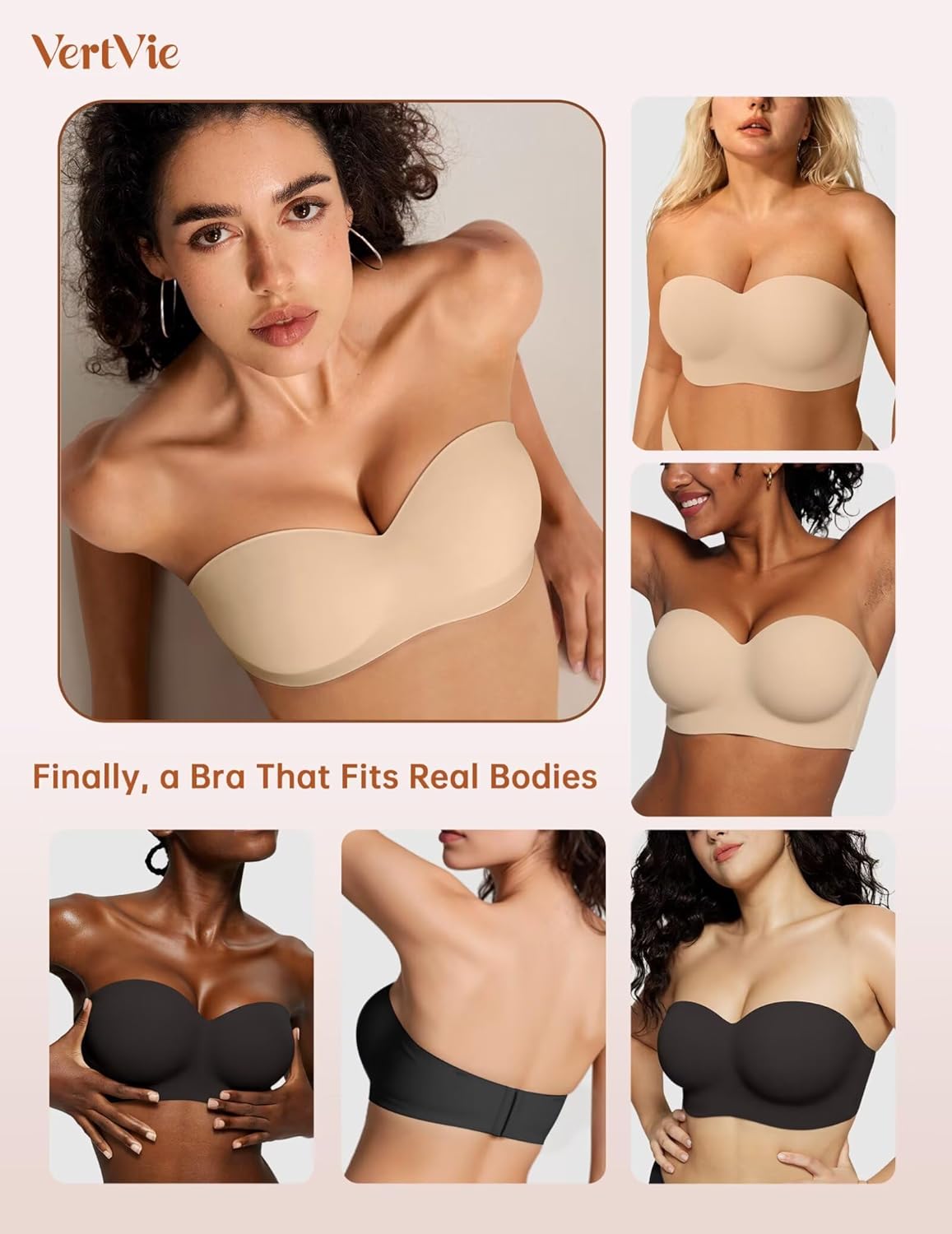 Vertvie Strapless Bras for Women Push Up Non-Slip Bandeau Bra Seamless Full Coverage Tube Top Bralette (Wireless & Underwire) - Image 2