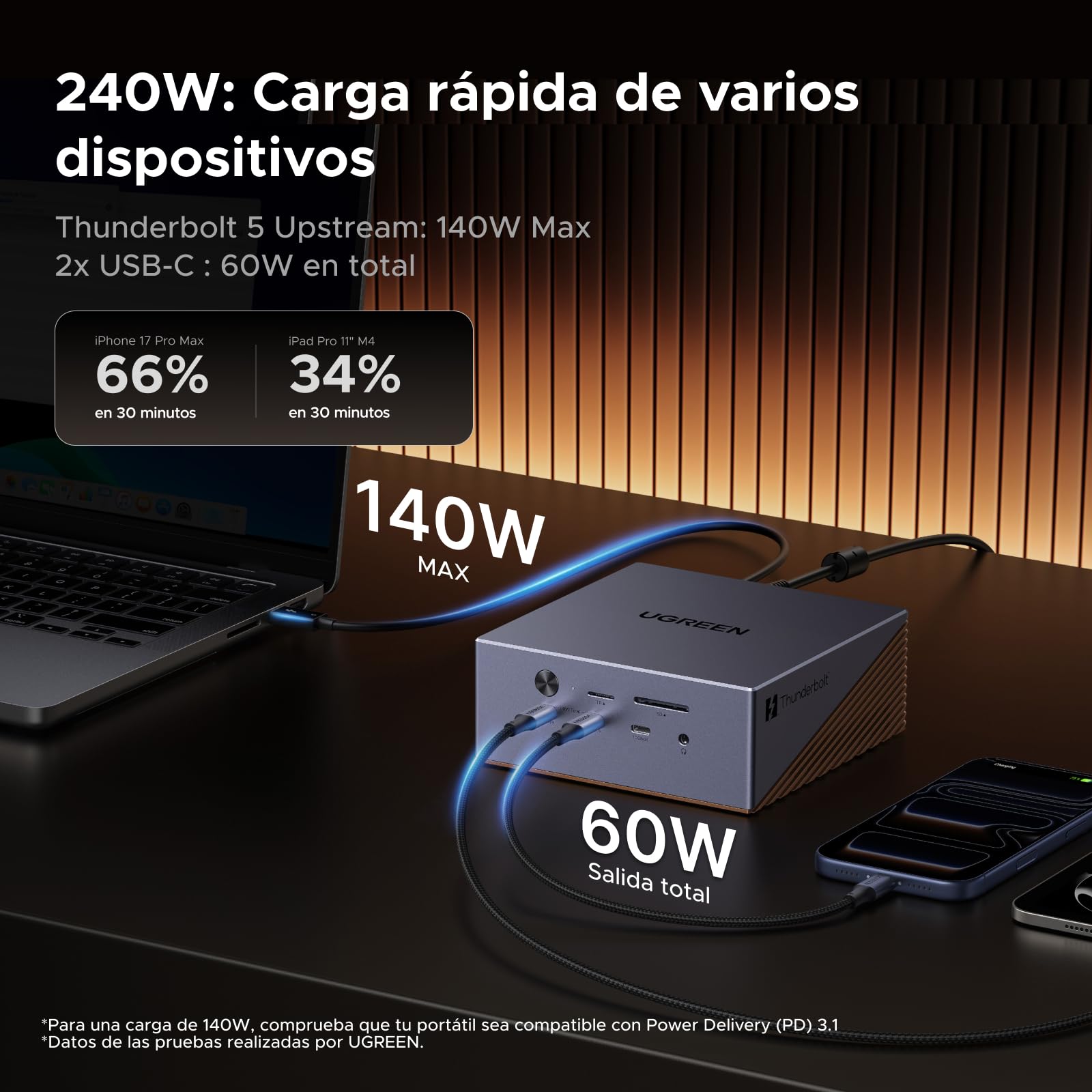 UGREEN Maxidok Thunderbolt 5 Docking Station USB C Triple Pantalla | 17 en 1, 2 TBT5, 1 DP, 120Gbps, 3A3C, Ethernet 2.5GbE, SD/TF 4.0, Carcasa M.2 SSD, Carga PD 140W, DC 240W, 3 Audio 3.5mm