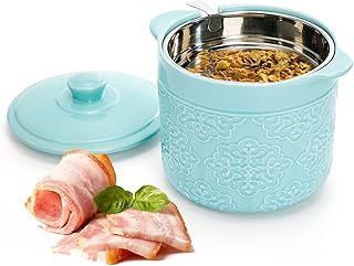 Lyellfe Ceramic Bacon Grease Container, 1200ml / 40oz Large Oil Storage Canister with Strainer Easy-Grip Handle, Blue Fat Cooking Oil Can for Grease Dripping Kitchen