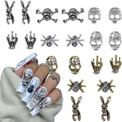 20 dijes de uñas de Halloween 3D dorado y plateado para uñas, diamantes de imitación góticos de calavera esqueleto, mano, araña, joyería de uñas,
