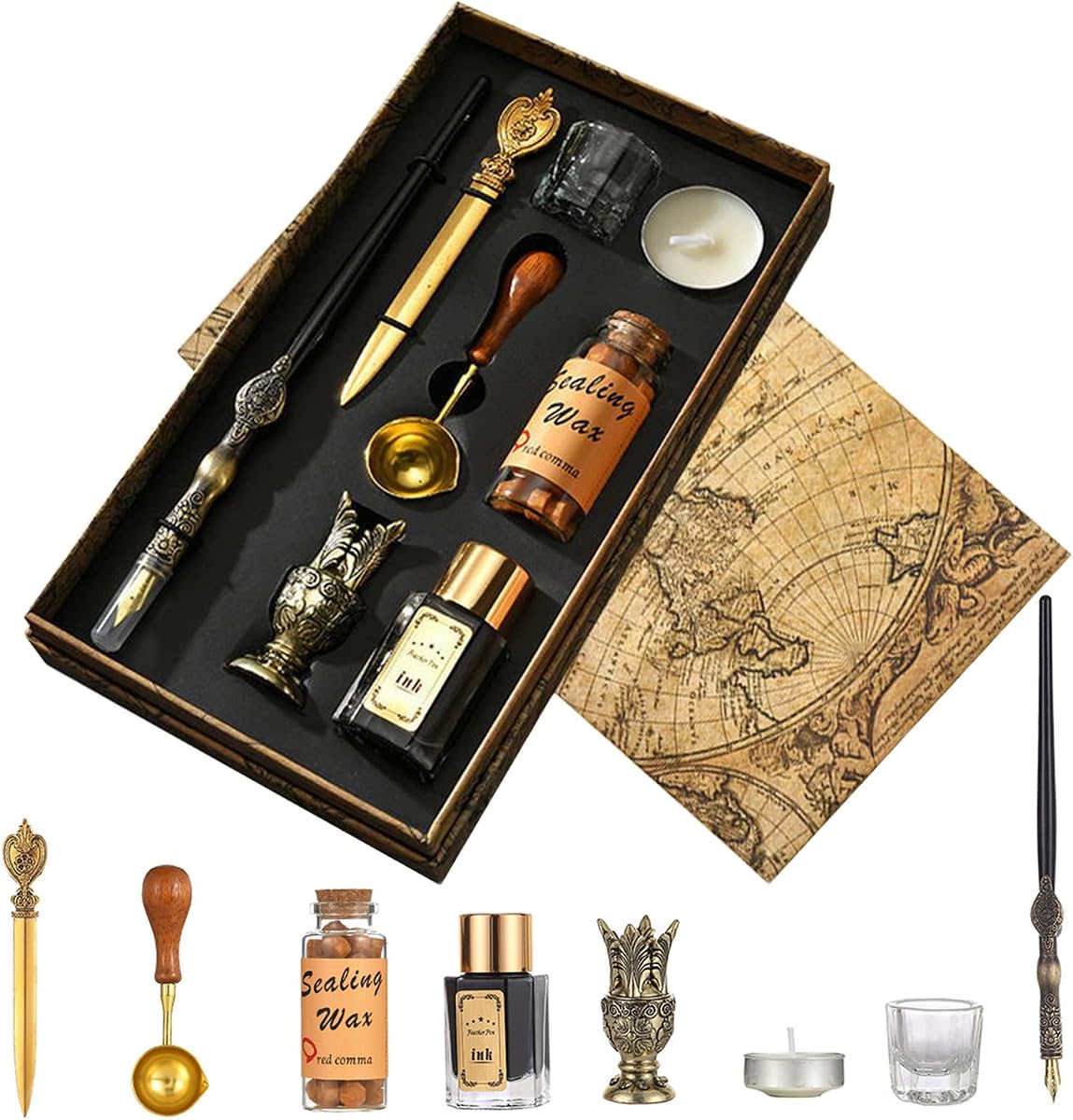 Joyeee Wooden Dip Pen Set with Ink, Vintage Letter Opener Knife, Desk Pen Holder, Tealight Candles, Idea for Writing, Drawing, Signatures, Art Gifts, Envelope Wax Seal Kit with Gold Wax Seal Beads