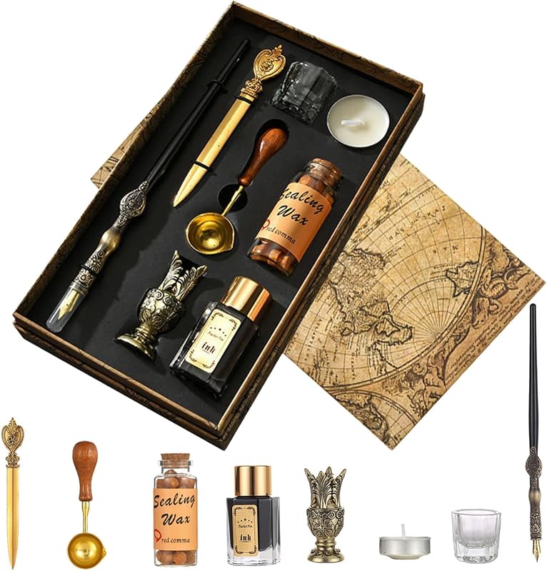Joyeee Wooden Dip Pen Set with Ink, Vintage Letter Opener Knife, Desk Pen Holder, Tealight Candles, Idea for Writing, Drawing, Signatures, Art Gifts, Envelope Wax Seal Kit with Gold Wax Seal Beads