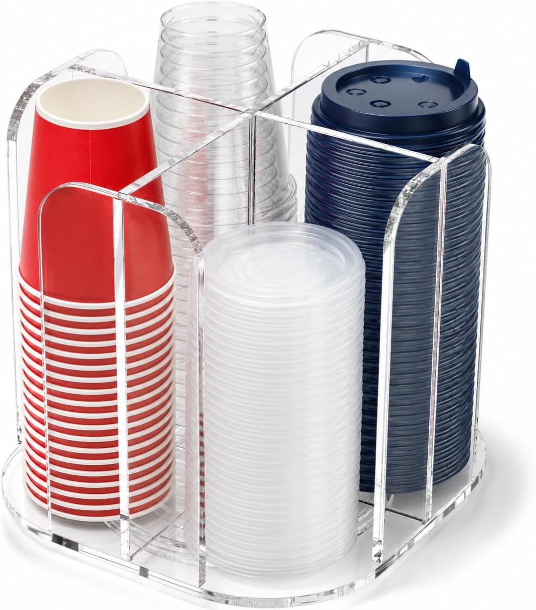 Coffee Cup Holder for Countertop, 4-Compartment Rotating Cup and Lid Holder