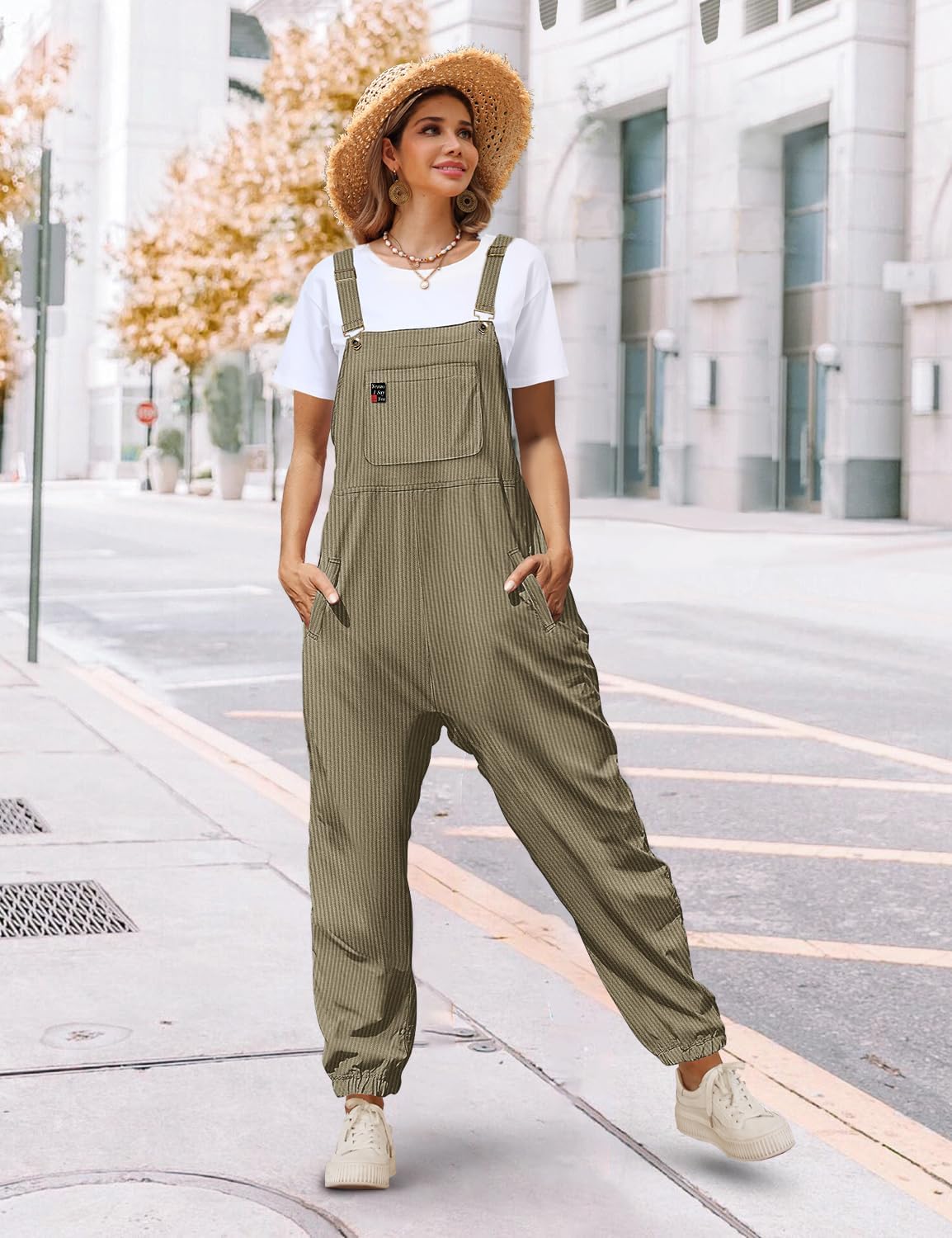YESNO Women's Casual Corduroy Overalls Sleeveless Adjustable Straps Loose Harem Bib Jumpsuits for Women with Pockets PCL