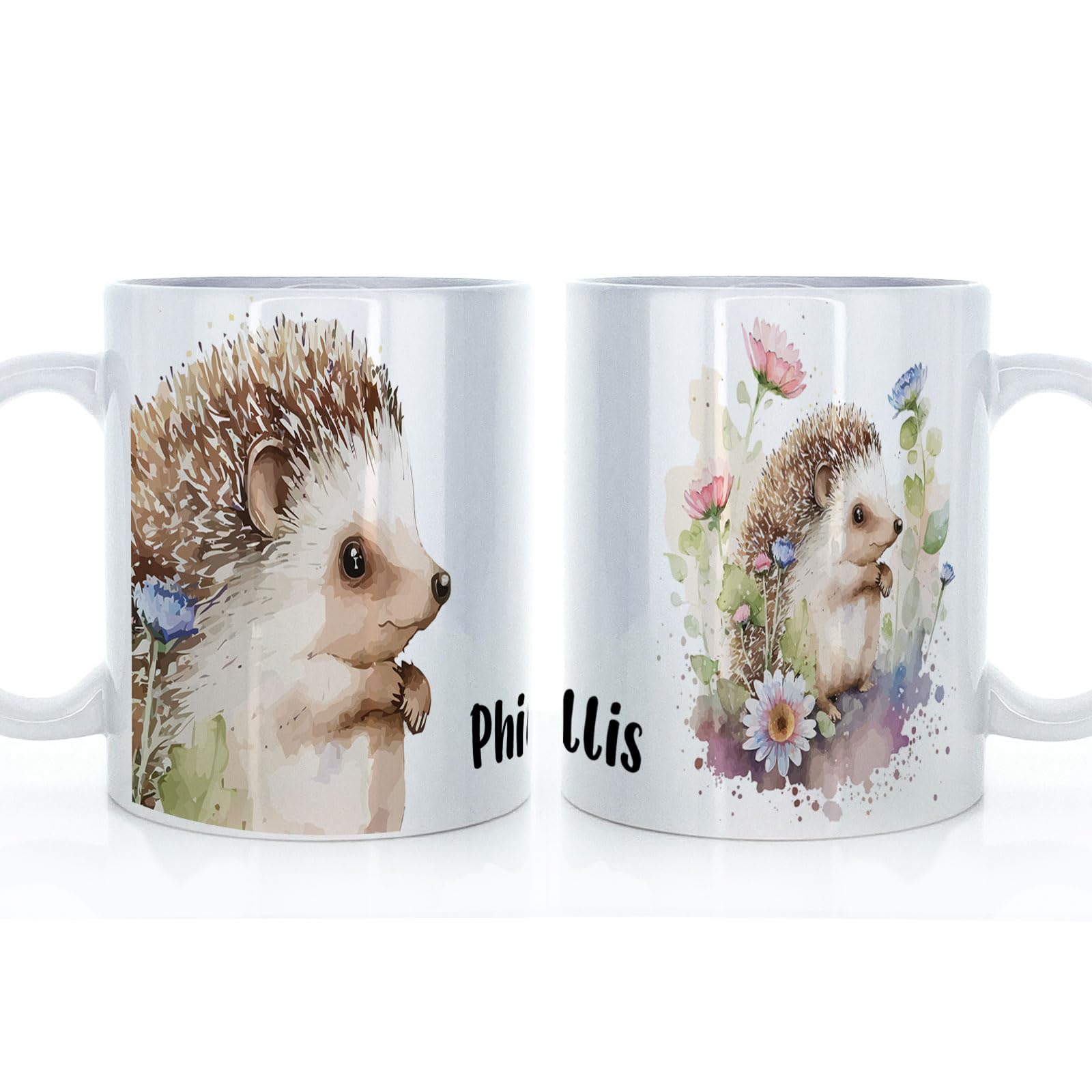 Personalised Belgian Milk Chocolate/Hot Chocolate Stirrer Marshmallow Gift Set, Custom Name (11oz) Thank You, Love You, Happy Birthday Mug with Hedgehog Floral White Daisy Design