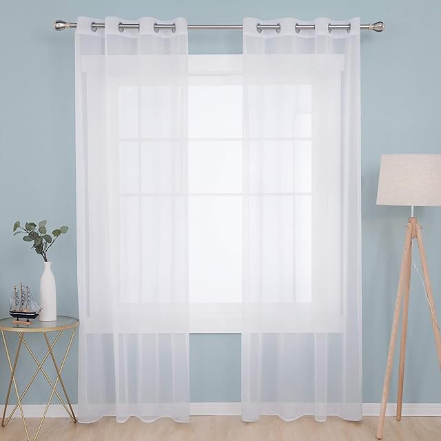 Deconovo Linen Look Voile Curtains White, Semi Transparent Eyelet Sheer Curtains, Voile Curtains for Living Room, 55 x 90 Inch(Width x Length), 2 Panels