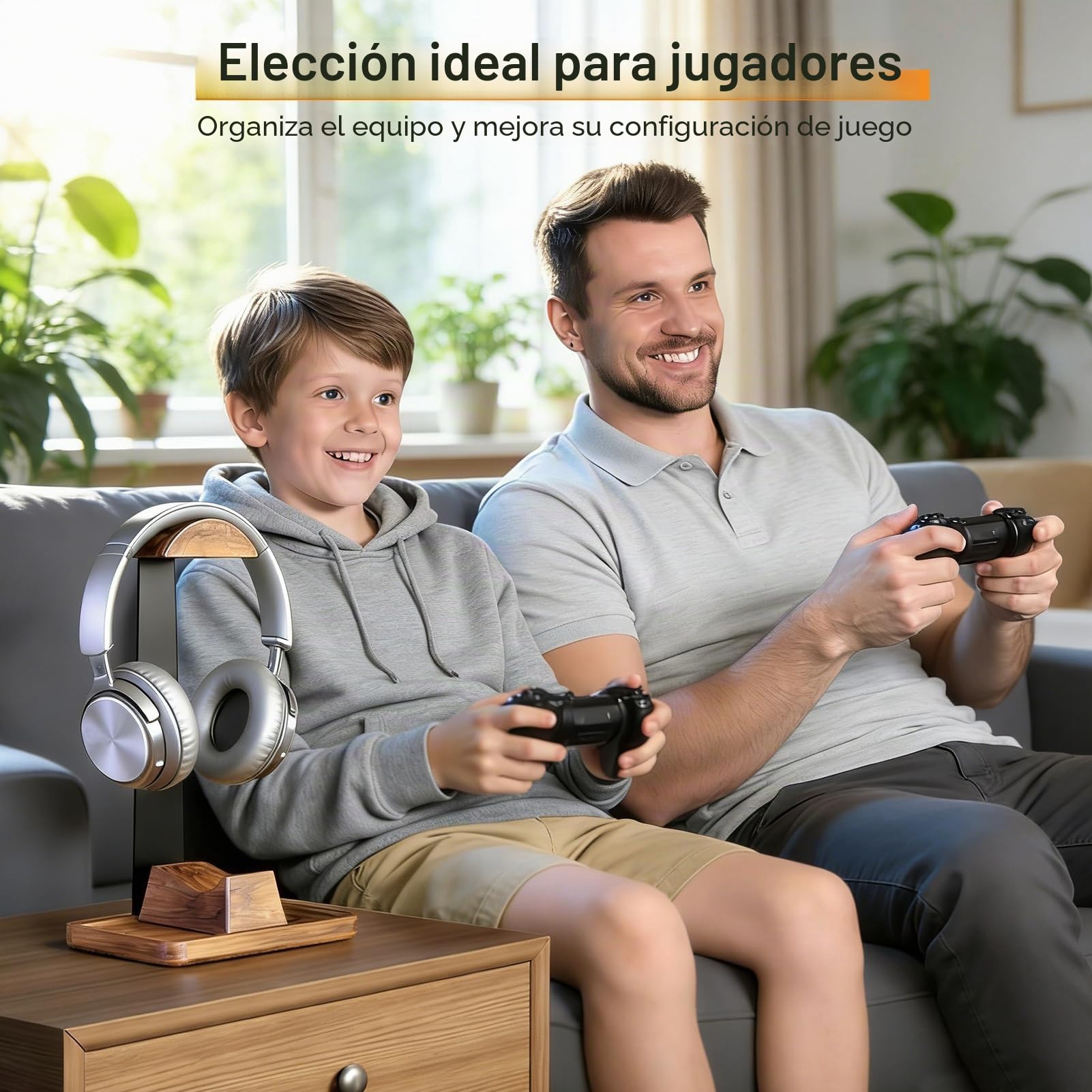 Soporte para auriculares y controlador de madera de nogal, soporte de auriculares de madera, organizador de almacenamiento de escritorio, accesorios de escritorio universales compatibles con