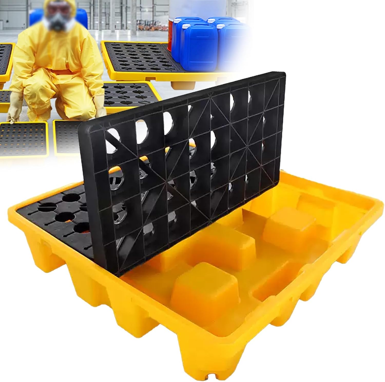 Modular 2 Drum Spill Pallet, Stackable Yellow and Black Heavy-Duty Forkliftable Containment Tray with Grating for Industrial Oil & Chemical(33.5x33.5x5.5cm)