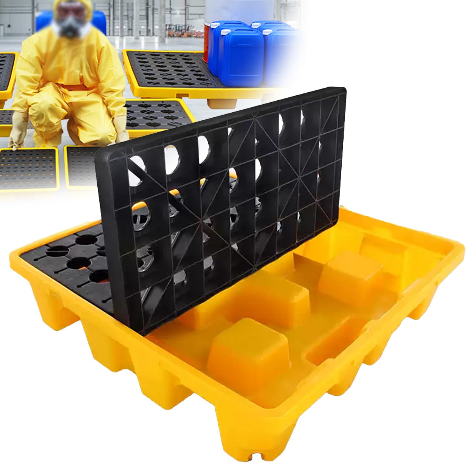JKJZSALJ Heavy-Duty Stackable Spill Pallet For 2 Drums, Yellow & Black Forkliftable Containment Tray With Grating, 120X120X18Cm For Industrial Oil & Chemical Storage,72x72x16cm