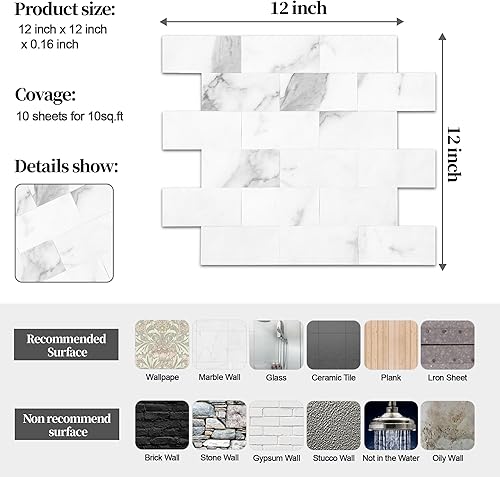 Vista 247 de Paquete de 1 lámina de revestimiento autoadhesivo de 12 x 12 pulgadas, baldosa de pared de PVC para cocina, baño, chimenea, mesa de lavandería o gris