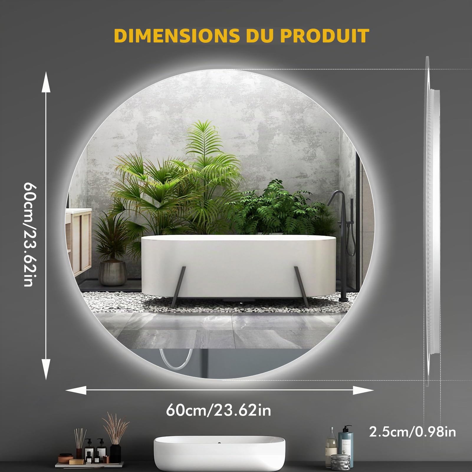 Miroir de Salle de Bain avec Éclairage 60 x 60 cm, Miroir LED Circulaire avec Anti-Buée, Dimmable, 3 Températures de Couleur, Réglage de L'heure, Fonction Mémoire, Capteur Tactile