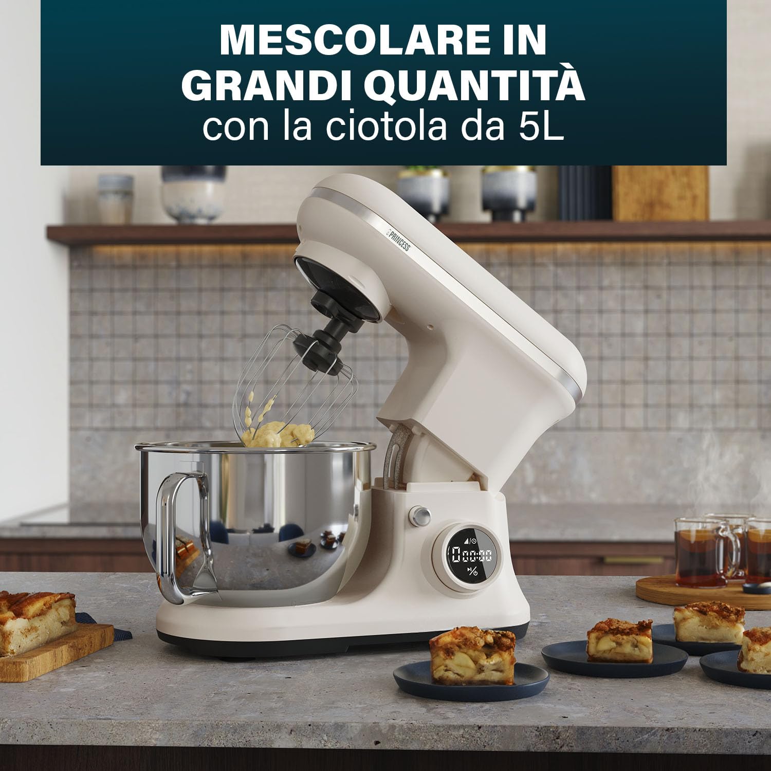 Princess Robot da cucina digitale Nordic, Ciotola 5 L Inox, 8 Velocità, Controllo Digitale, Gelatiera, 1200 W, Senza BPA, Piedini Antiscivolo, Lavabile Lavastoviglie, 220138