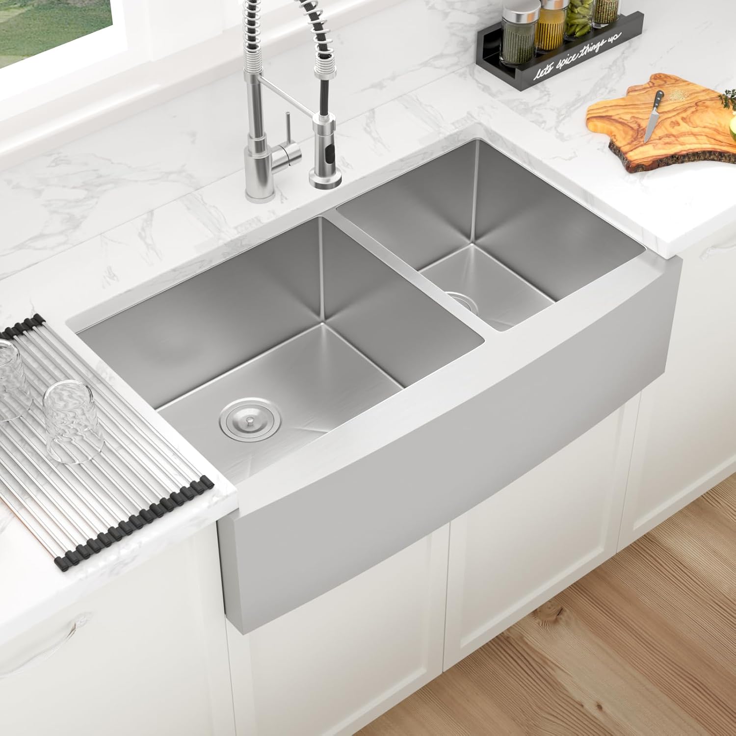Sarlai 36 Stainless Farmhouse Sink Double Bowl - 36x21 Inch Apron Front Kitchen Sink Stainless Steel Farm 60/40 Farmer Double Kitchen Sinks 16 Gauge Round Corner Undermount Farm Sinks Basin