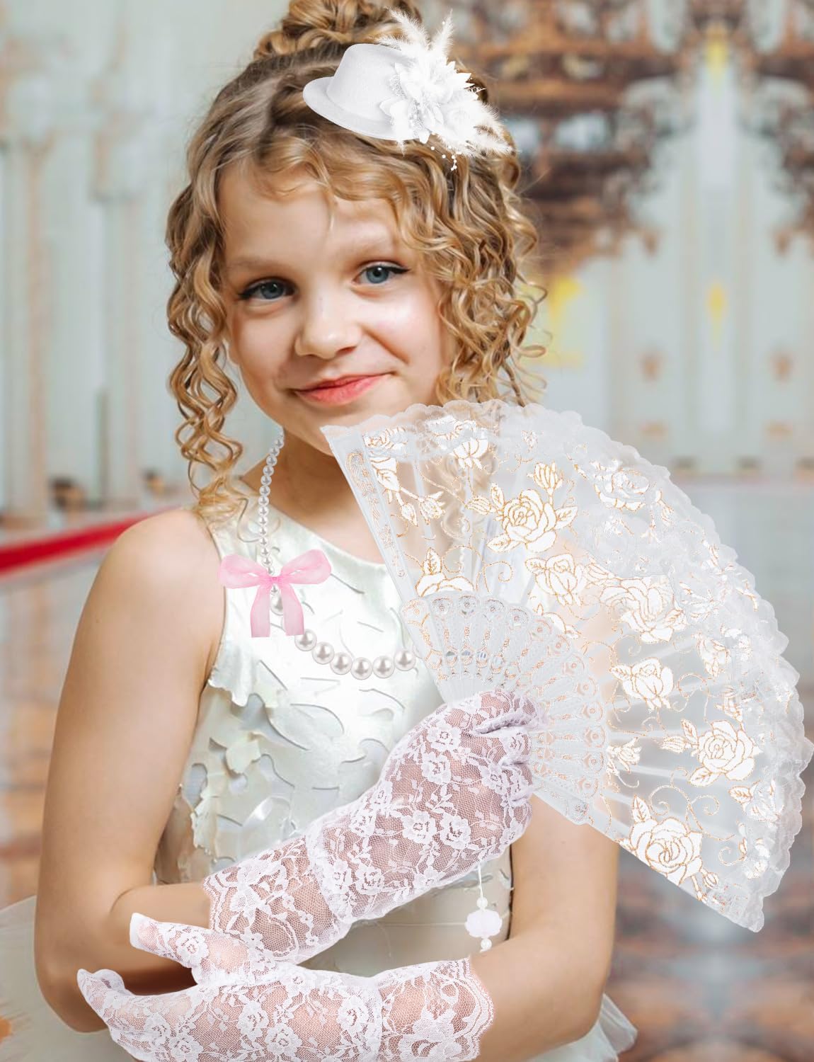 12Pcs Girls Tea Party Set Fascinators Hats with Lace Gloves Pearl Necklace Fans for Tea Party Wedding Accessories