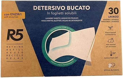 R5, Detersivo Bucato in Foglietti Solubili, 30 Lavaggi, Detersivo in Fogli con Enzimi per Lavatrice o Lavaggi a Mano, per Capi Bianchi e Colorati, Profumo Fiori di Lino, Eco-Formato
