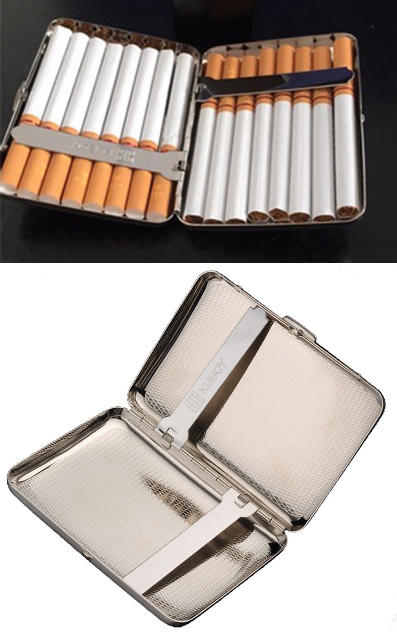 Boîte à Cigarettes en Acier Inoxydable de Haute Qualité, Nickel Plating Wire Drawing,Couleur Argentée, Contient 16 Cigarettes. (avec Boîte Cadeau de Marque) (Lisse)