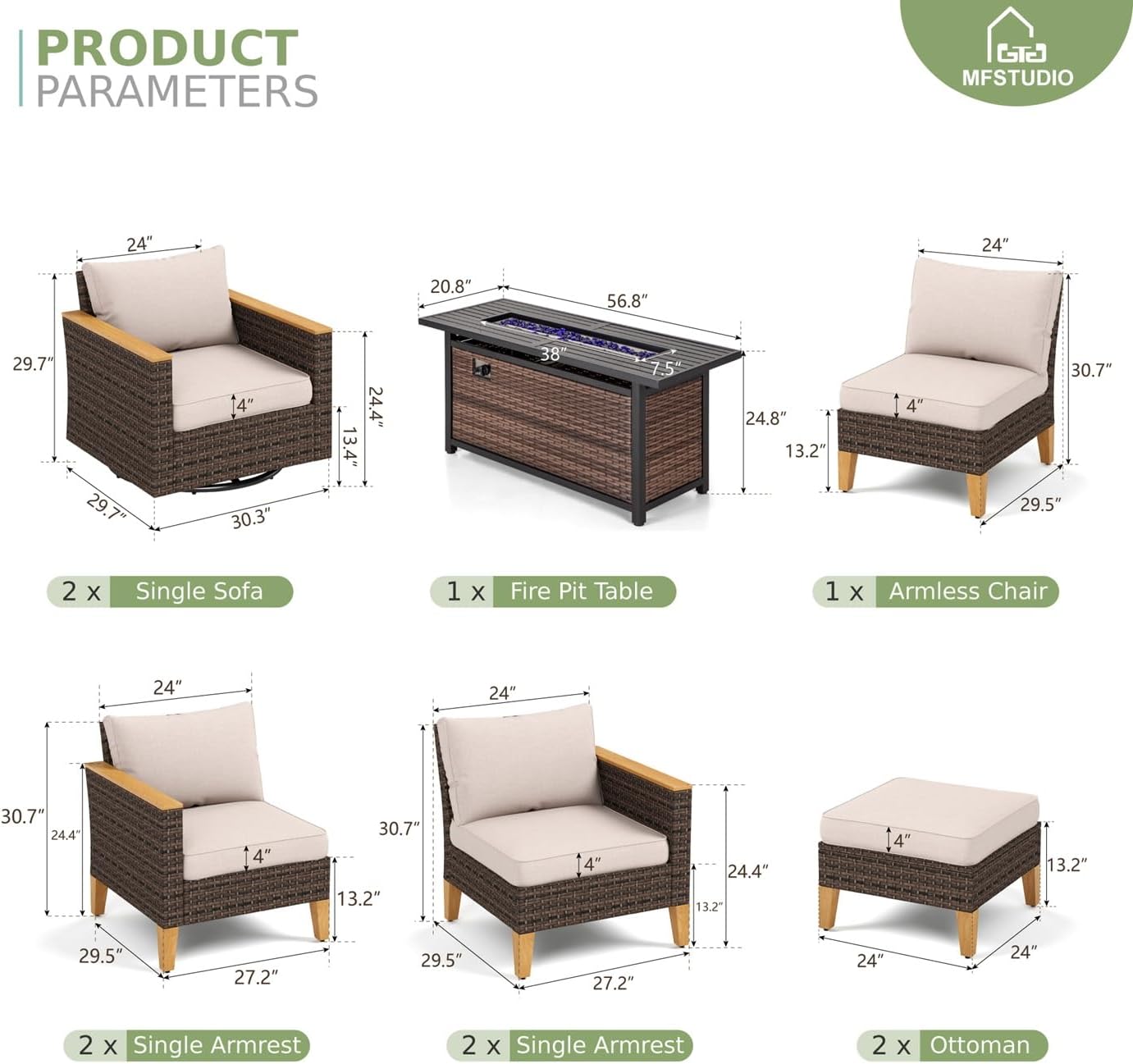 MFSTUDIO 9 Piece Swivel Glider Patio Furniture Sets with 56" Fire Pit Table, All-Weather PE Rattan Outdoor Sectional Sofas Oversized Wicker Patio Conversation Set with 50000 BTU Fire Pit, Beige